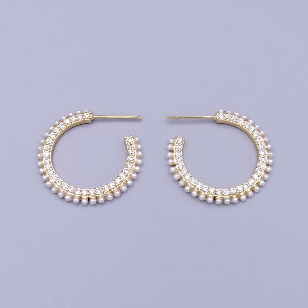 16K Gold Filled 25mm White Pearl Clear CZ Lined C-Shaped Hoop Earrings Set | AD1308