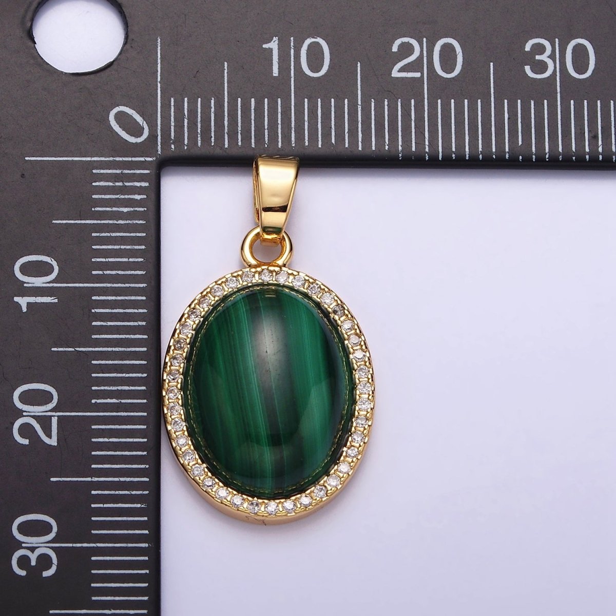 16K Gold Filled 28mm Malachite Natural Gemstone Oval Cabochon Micro Paved CZ Pendant | AA436
