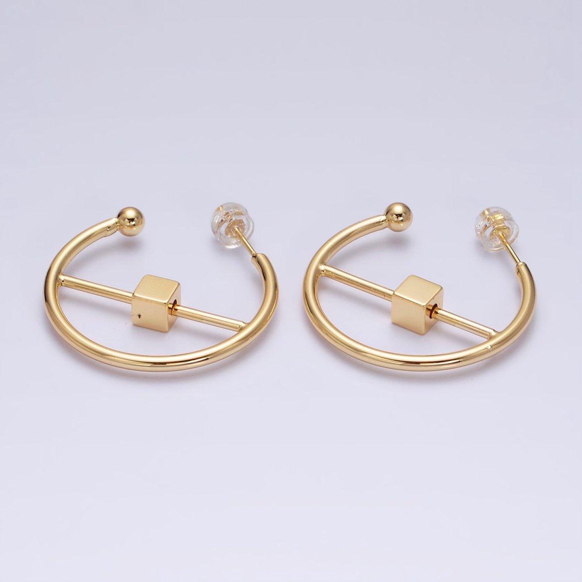16K Gold Filled 30mm Block Bar Geometric C-Shaped Hoop Earrings in Gold & Silver | AD1345 AD1346