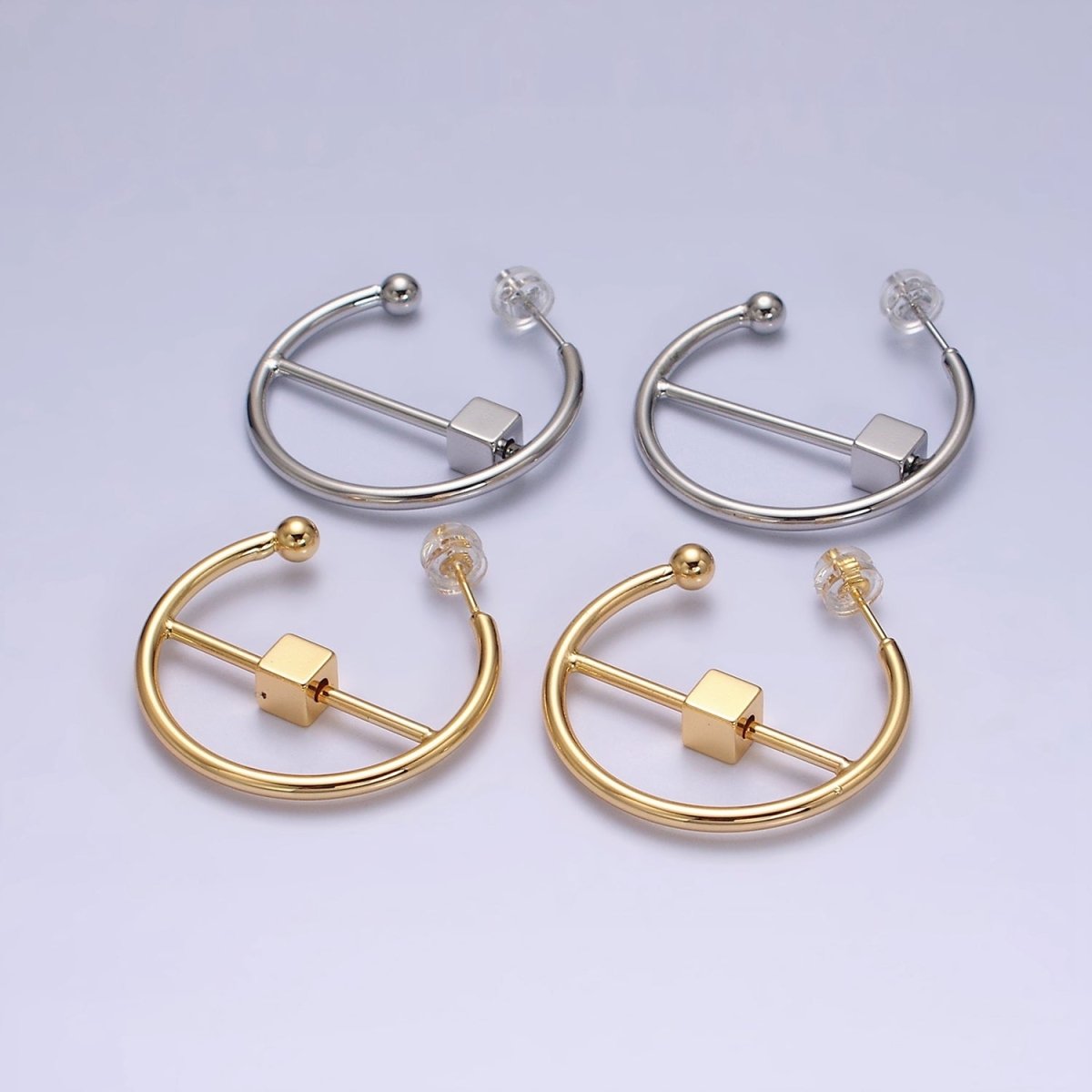 16K Gold Filled 30mm Block Bar Geometric C-Shaped Hoop Earrings in Gold & Silver | AD1345 AD1346
