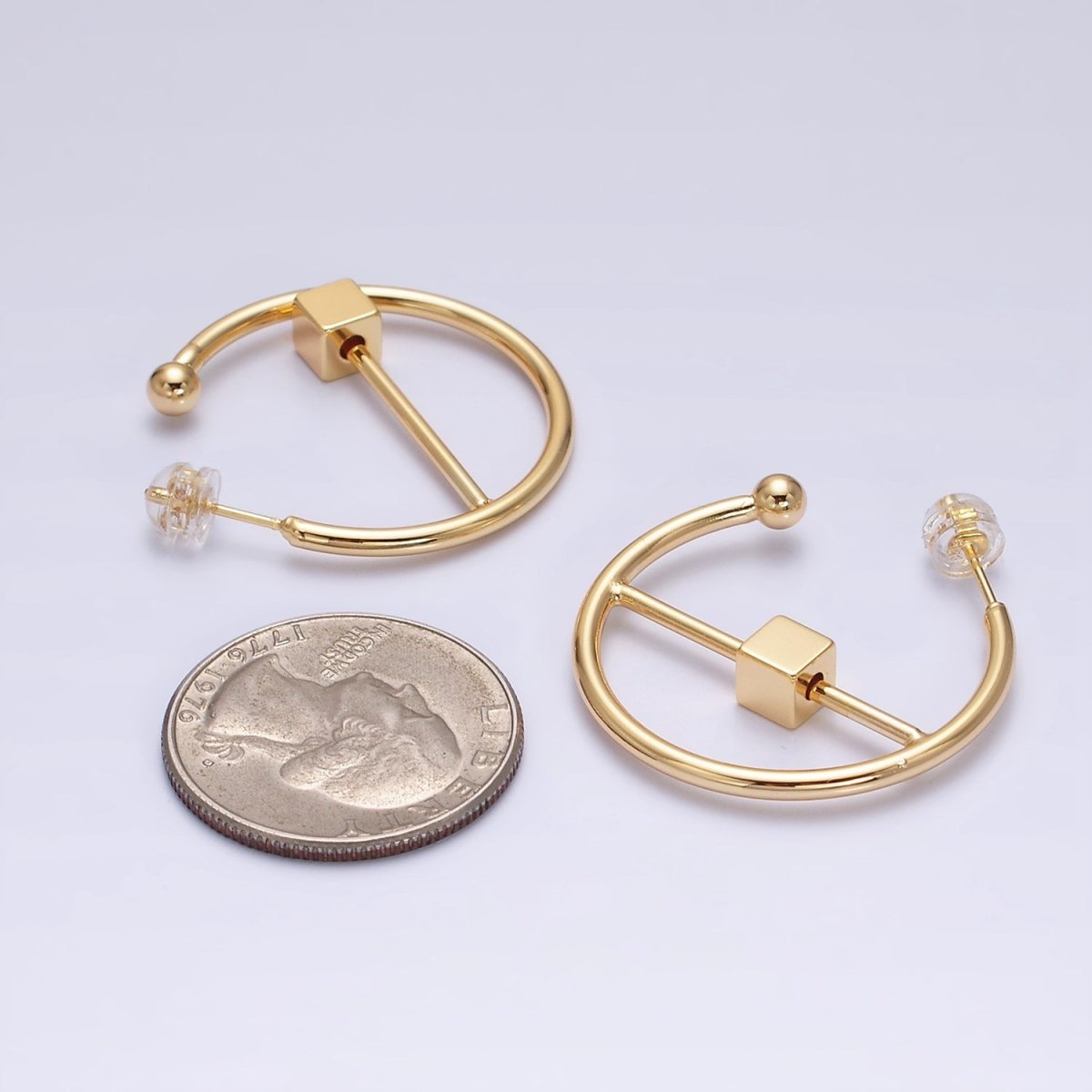 16K Gold Filled 30mm Block Bar Geometric C-Shaped Hoop Earrings in Gold & Silver | AD1345 AD1346