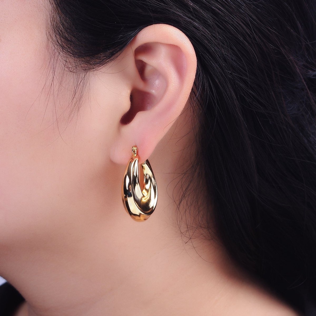 16K Gold Filled 30mm Chubby Twirl French Lock Latch Hoop Earrings | AE084