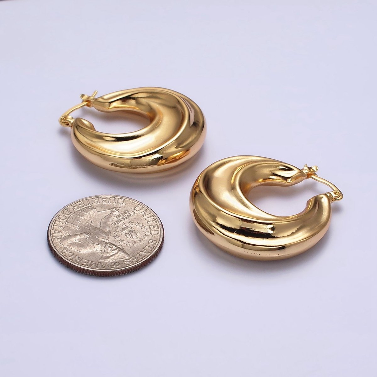 16K Gold Filled 30mm Chubby Twirl French Lock Latch Hoop Earrings | AE084