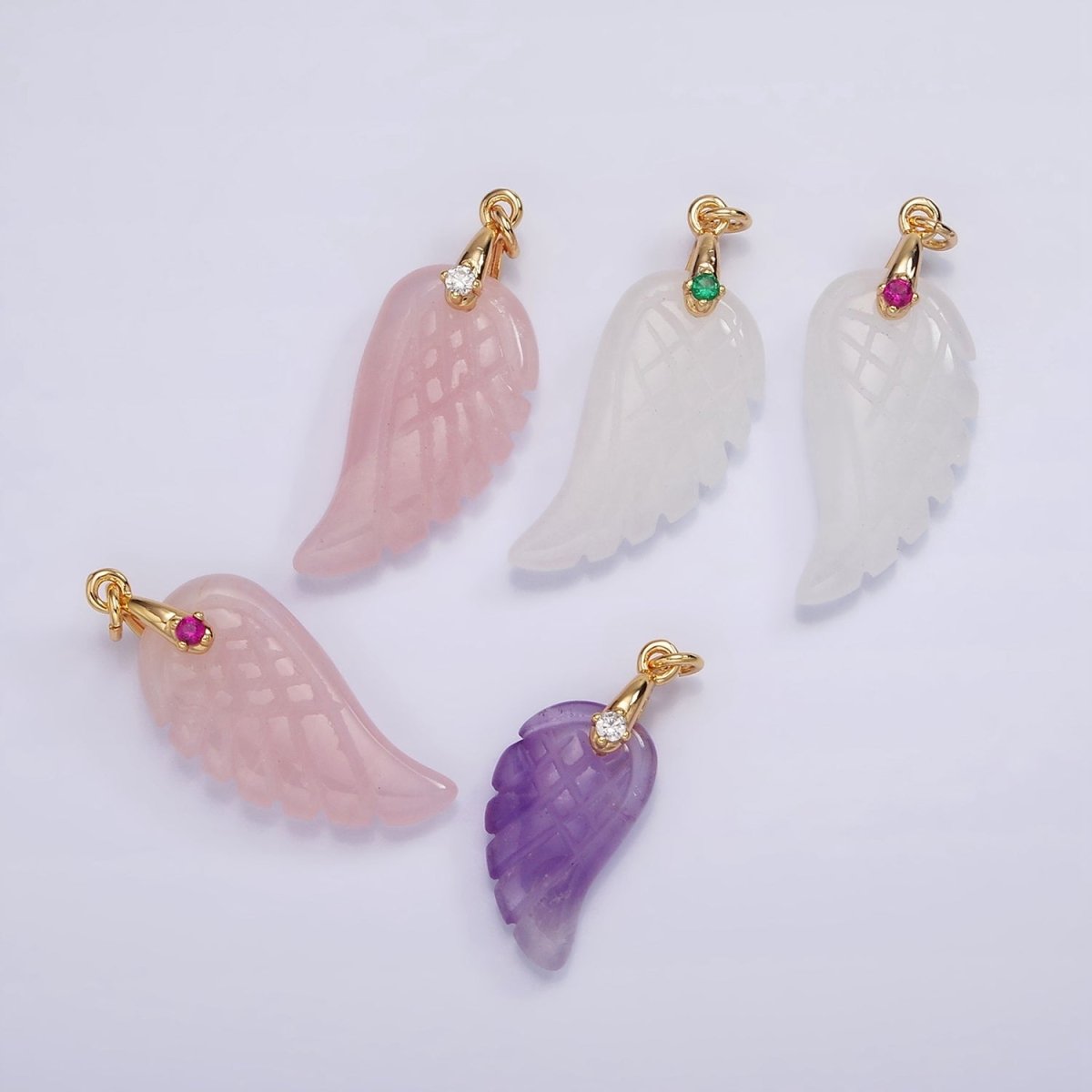 16K Gold Filled 30mm Clear Quartz, Rose Quartz Feather Wings CZ Bail Charm | AG296 - AG297