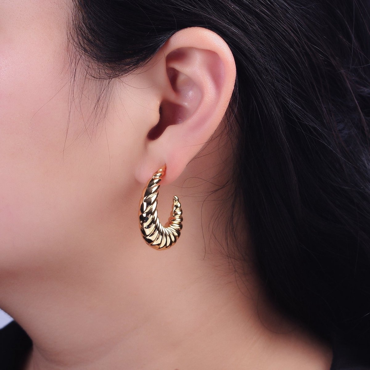 16K Gold Filled 30mm Croissant J-Shaped Hoop Earrings | AE083