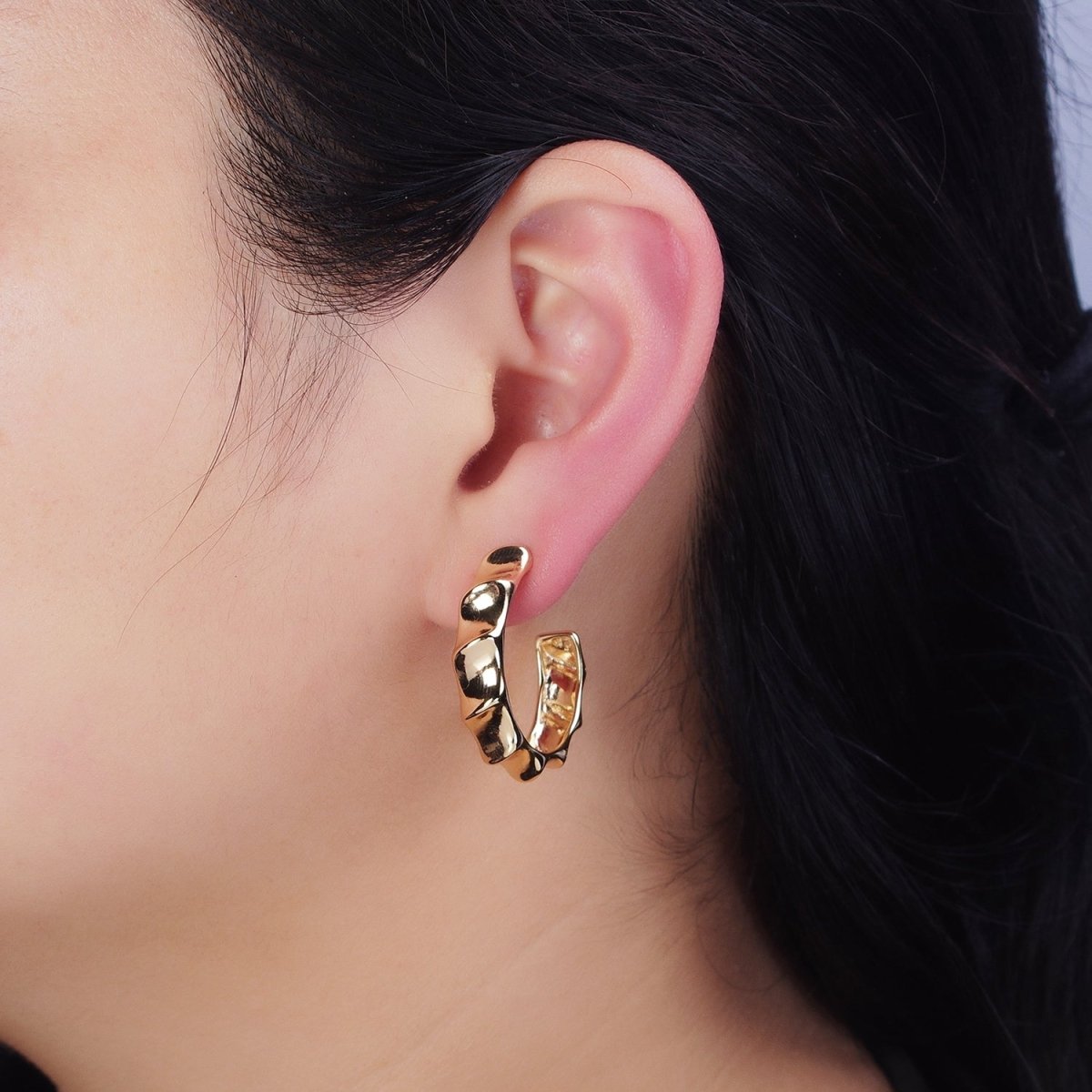 16K Gold Filled 30mm Curve Edged Geometric C-Shaped Hoop Earrings in Gold & Silver | AE025 AE026