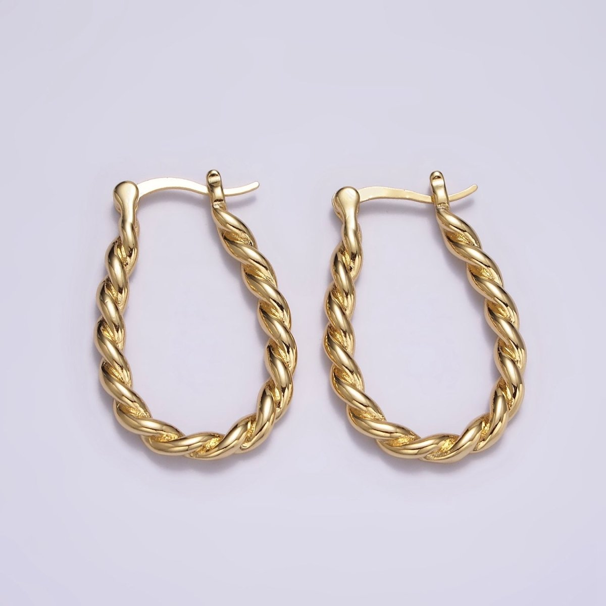 16K Gold Filled 30mm Oblong Twisted Rope French Lock Latch Hoop Earrings | AE604