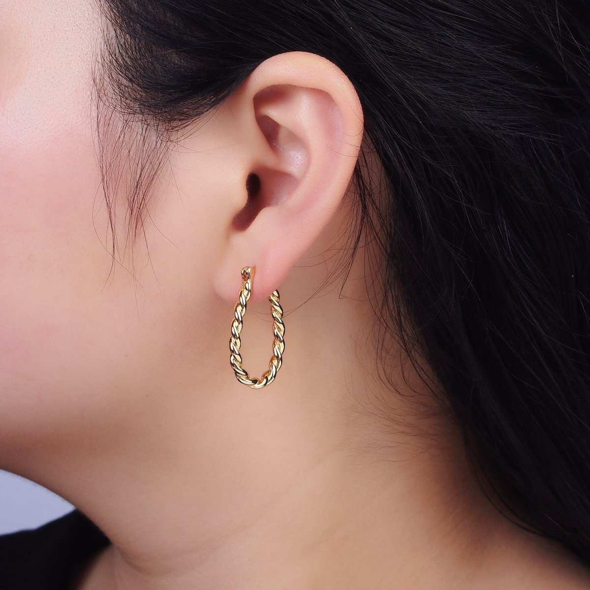 16K Gold Filled 30mm Oblong Twisted Rope French Lock Latch Hoop Earrings | AE604