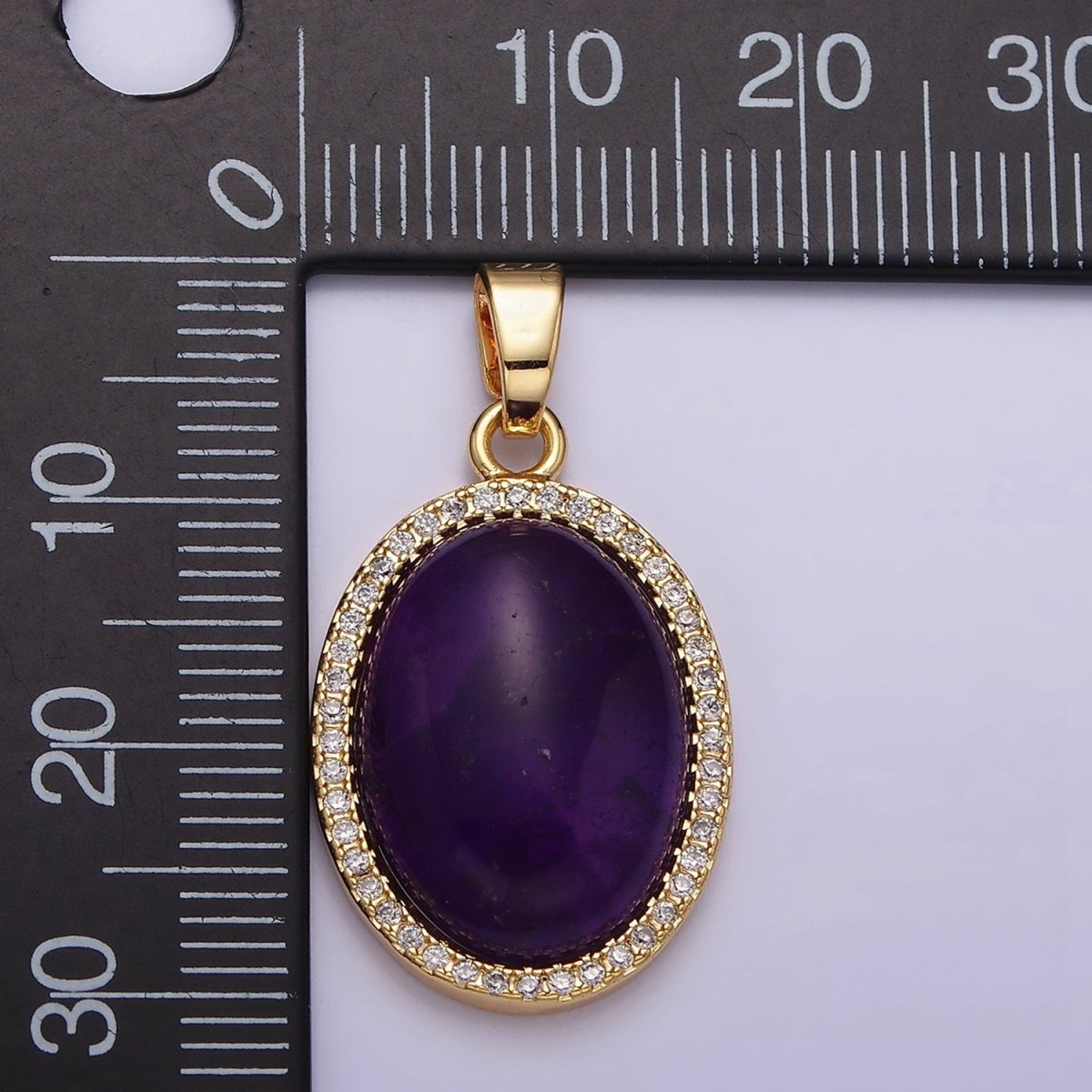 16K Gold Filled 30mm Purple Amethyst Natural Gemstone Oval Cabochon Micro Paved CZ Pendant | AA438