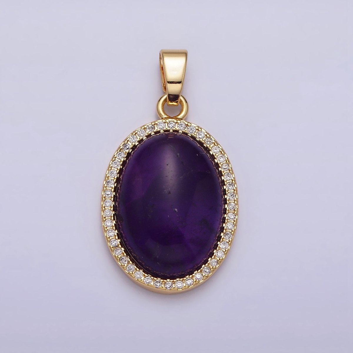 16K Gold Filled 30mm Purple Amethyst Natural Gemstone Oval Cabochon Micro Paved CZ Pendant | AA438