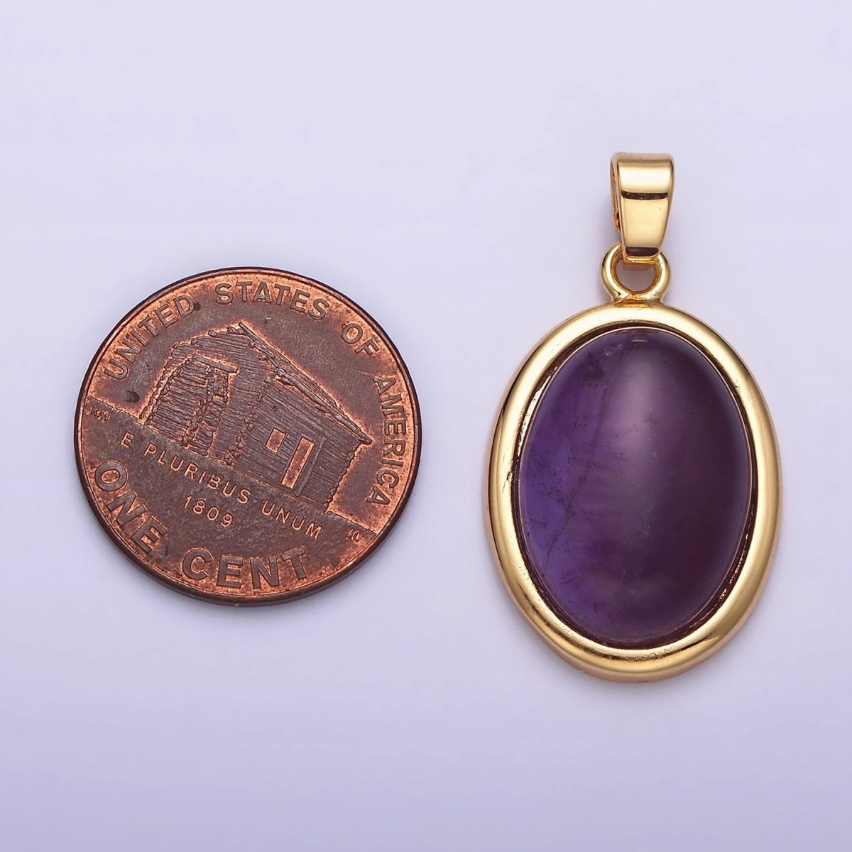 16K Gold Filled 30mm Purple Amethyst Natural Gemstone Oval Cabochon Pendant | AA437