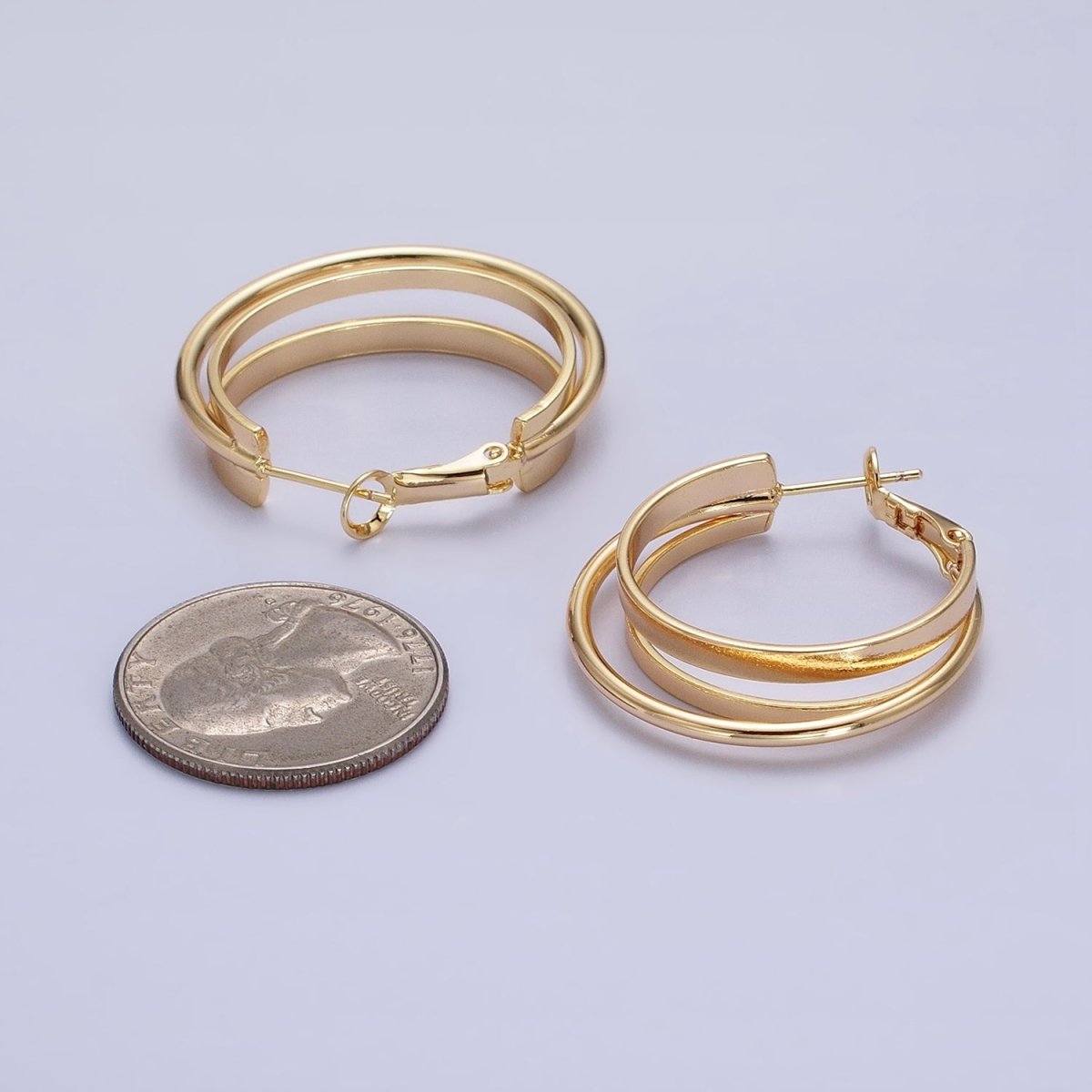 16K Gold Filled 30mm Triple Geometric Flat Band Bar Hinge Latch Earrings in Gold & Silver | AE033 AE034