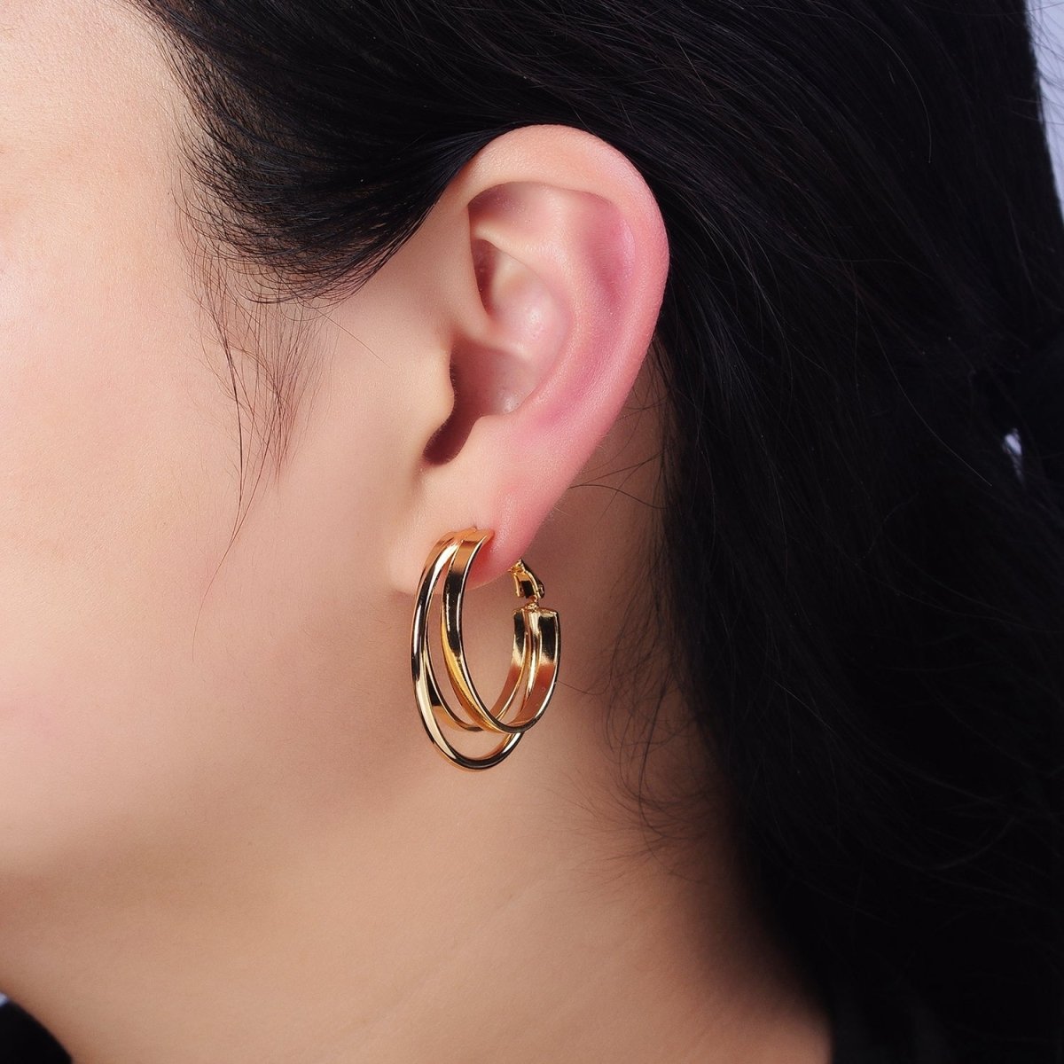 16K Gold Filled 30mm Triple Geometric Flat Band Bar Hinge Latch Earrings in Gold & Silver | AE033 AE034