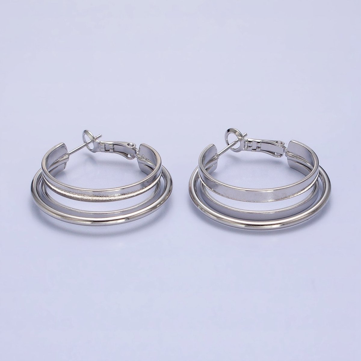 16K Gold Filled 30mm Triple Geometric Flat Band Bar Hinge Latch Earrings in Gold & Silver | AE033 AE034