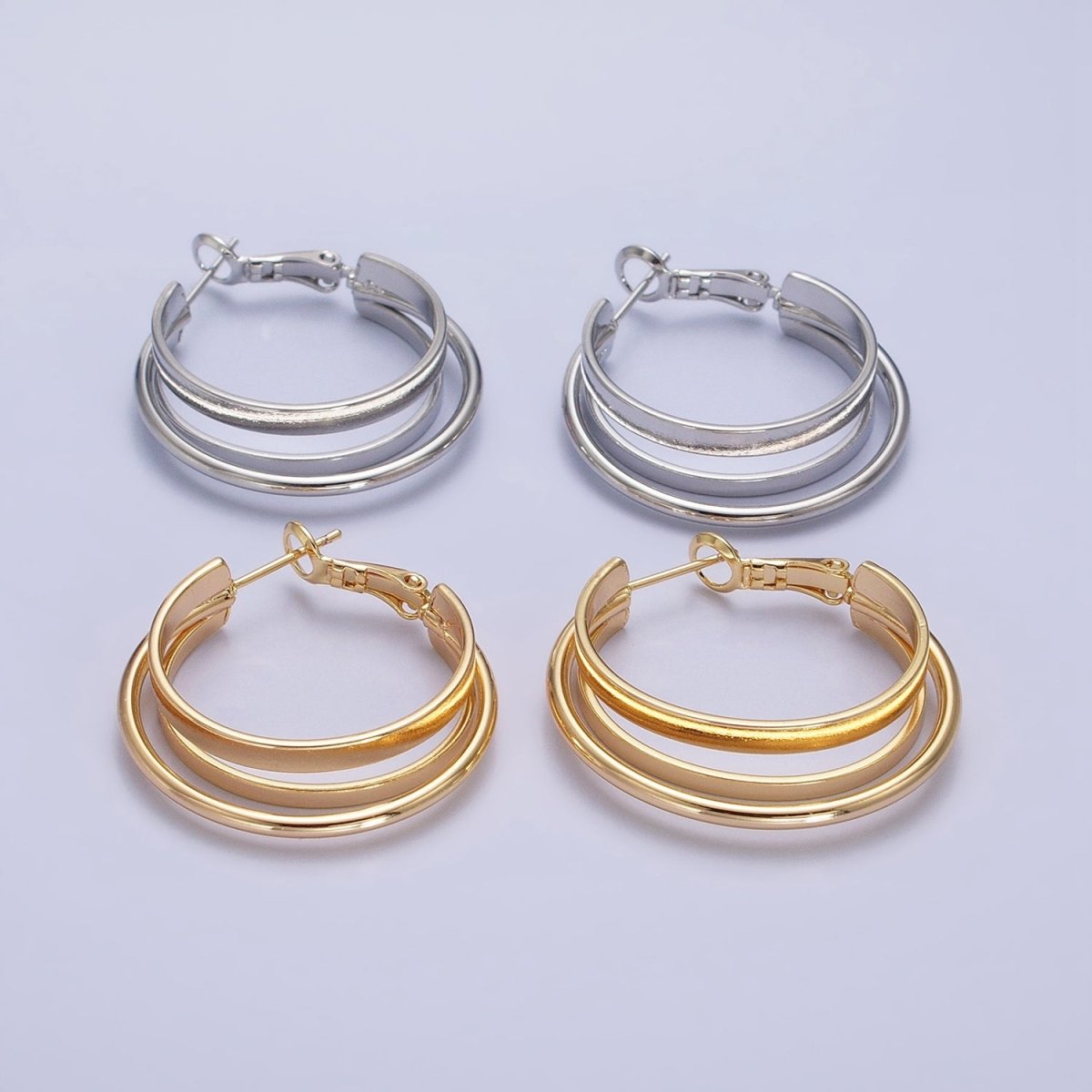 16K Gold Filled 30mm Triple Geometric Flat Band Bar Hinge Latch Earrings in Gold & Silver | AE033 AE034