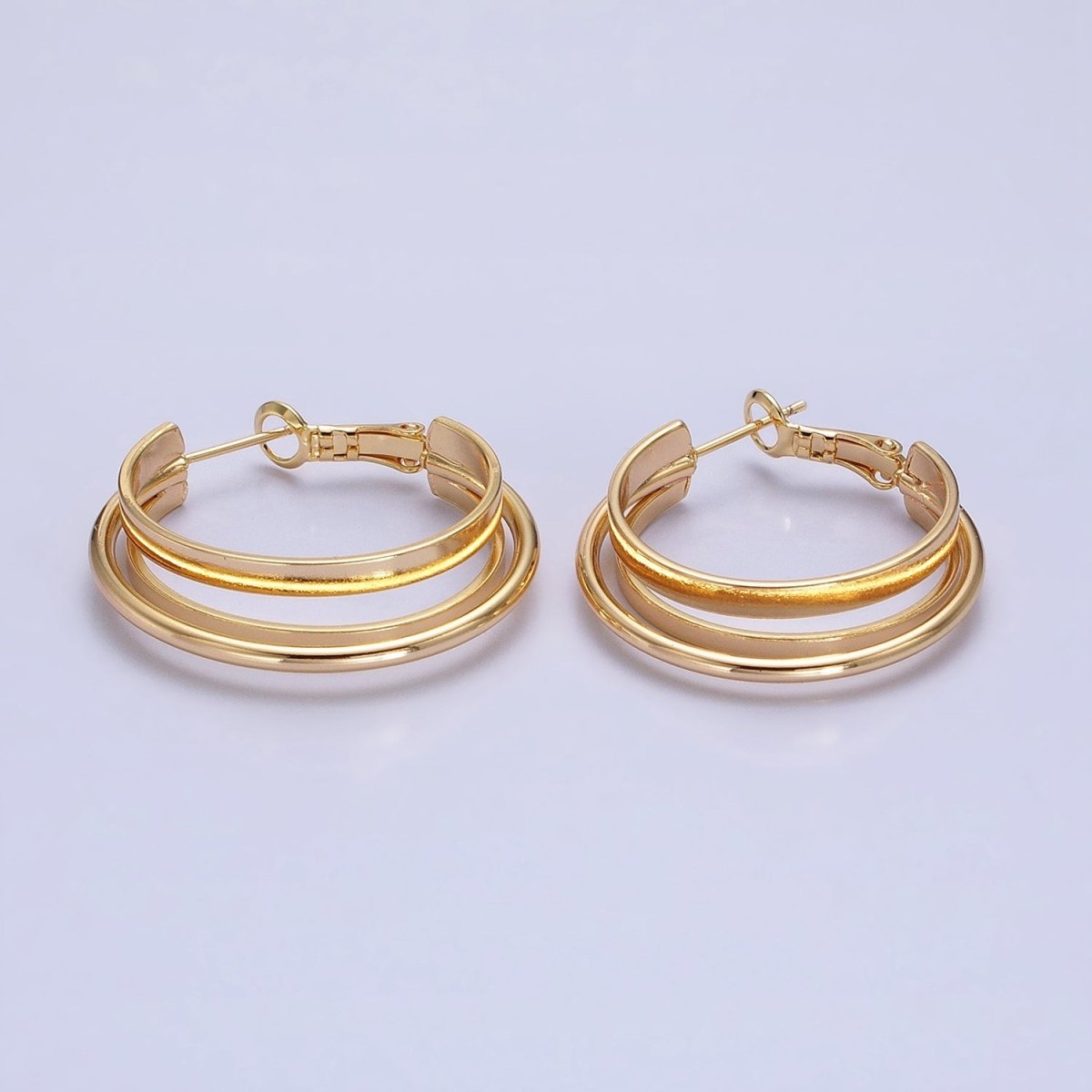 16K Gold Filled 30mm Triple Geometric Flat Band Bar Hinge Latch Earrings in Gold & Silver | AE033 AE034