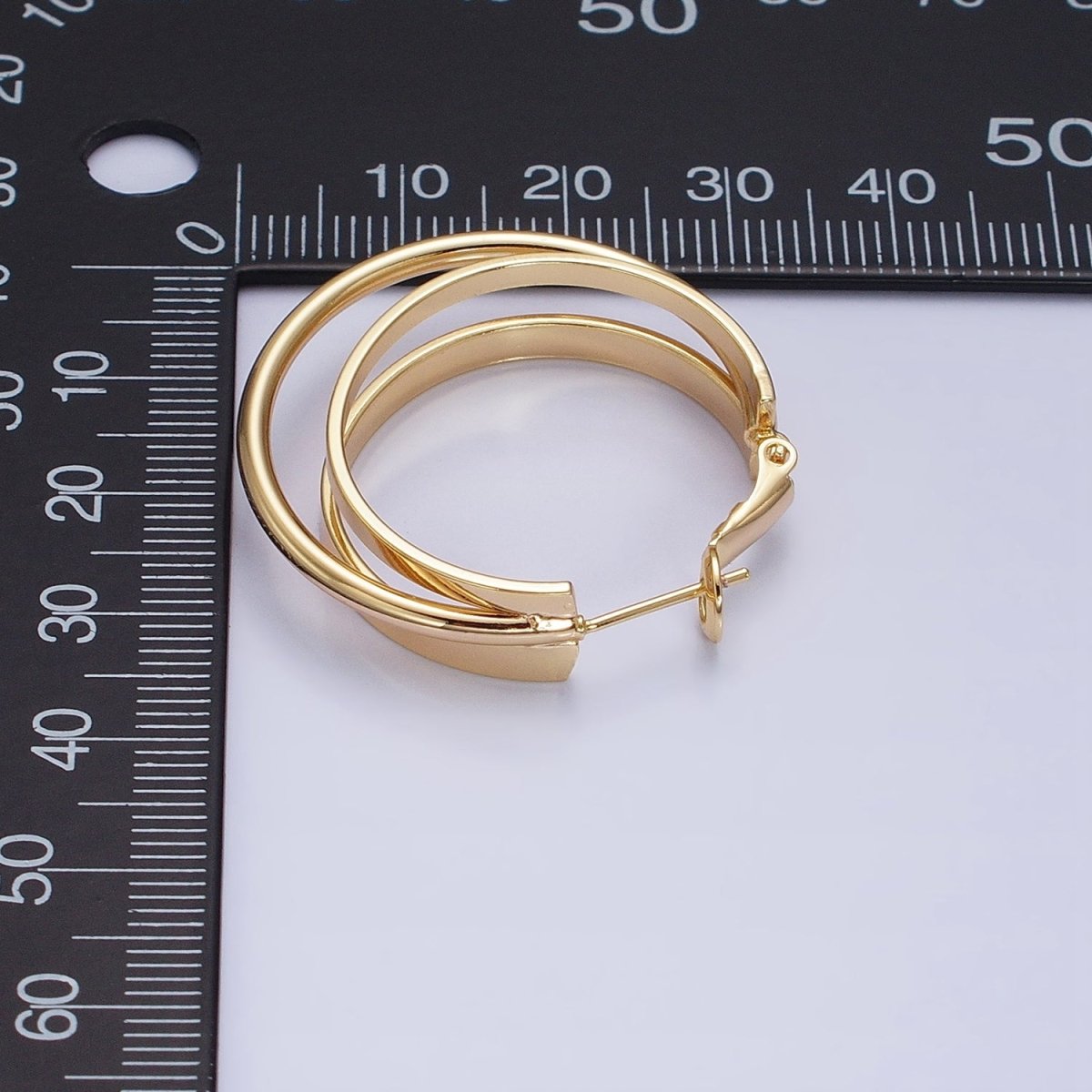 16K Gold Filled 30mm Triple Geometric Flat Band Bar Hinge Latch Earrings in Gold & Silver | AE033 AE034