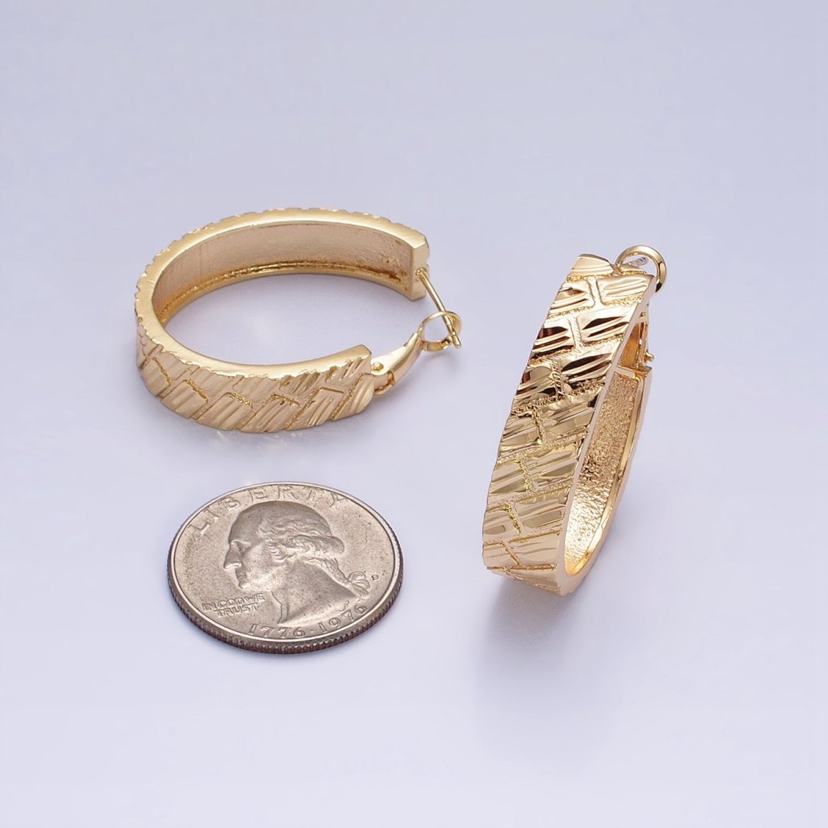 16K Gold Filled 35mm Brick Dented Line Textured Hinge Hoop Earrings in Gold & Silver | AE035 AE036