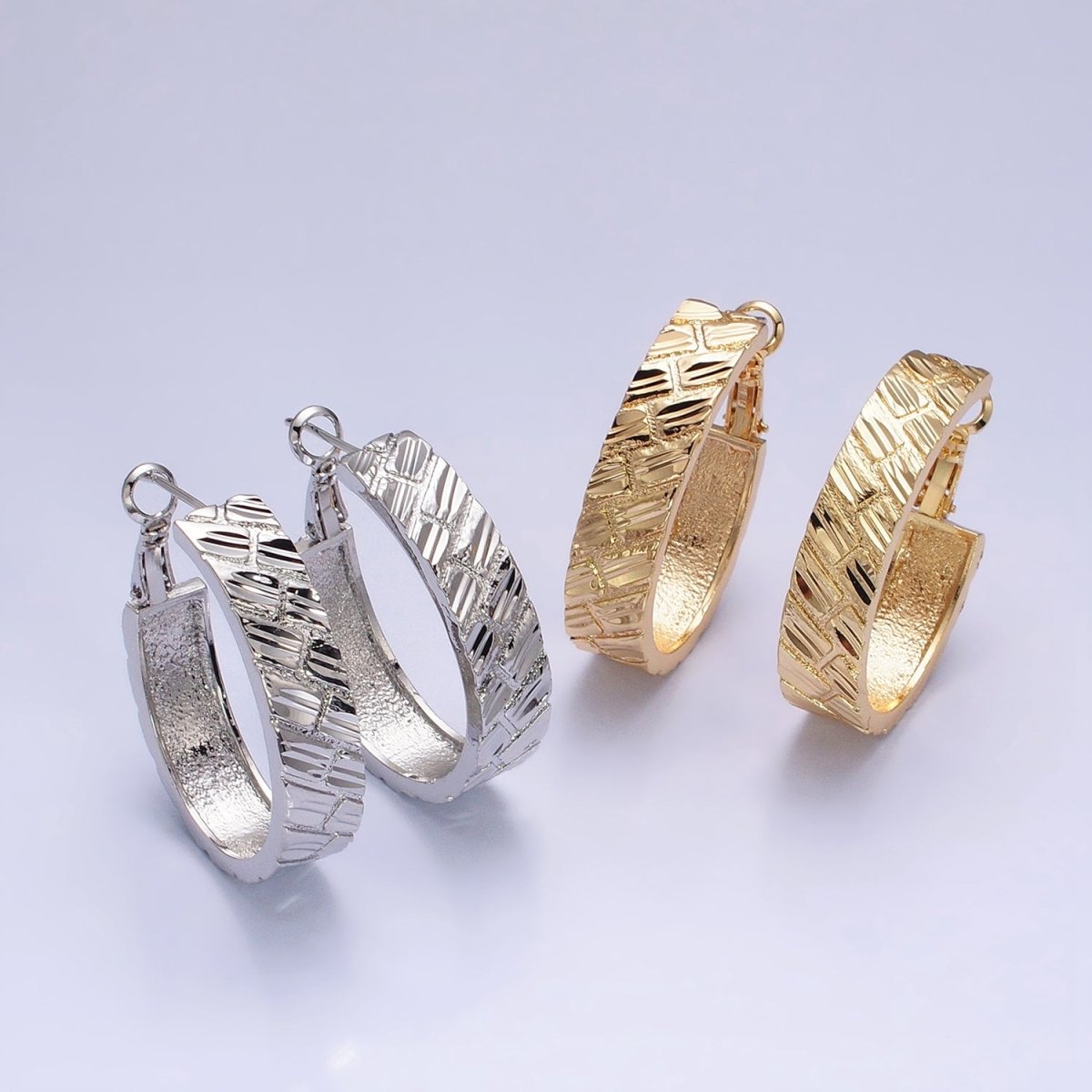 16K Gold Filled 35mm Brick Dented Line Textured Hinge Hoop Earrings in Gold & Silver | AE035 AE036