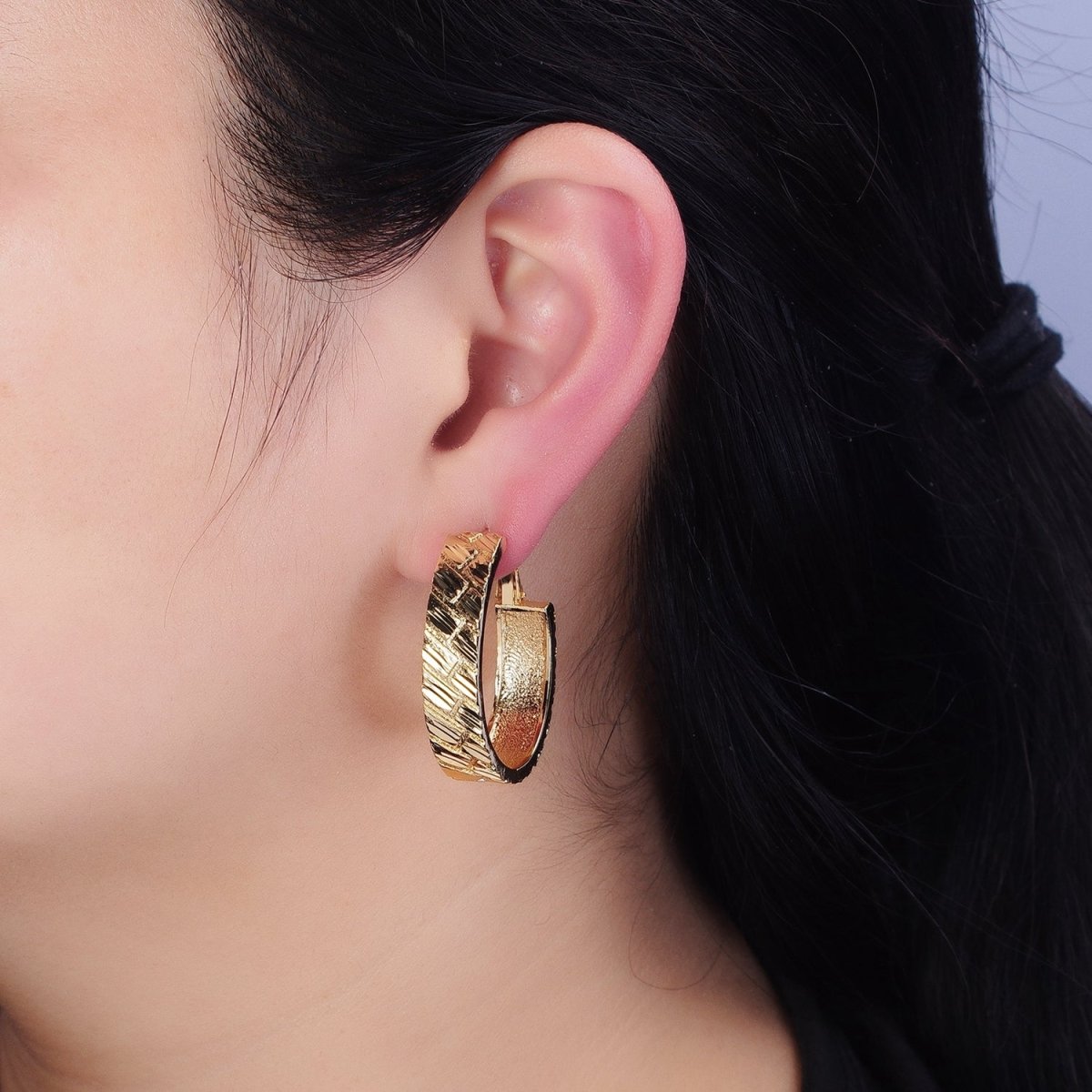16K Gold Filled 35mm Brick Dented Line Textured Hinge Hoop Earrings in Gold & Silver | AE035 AE036