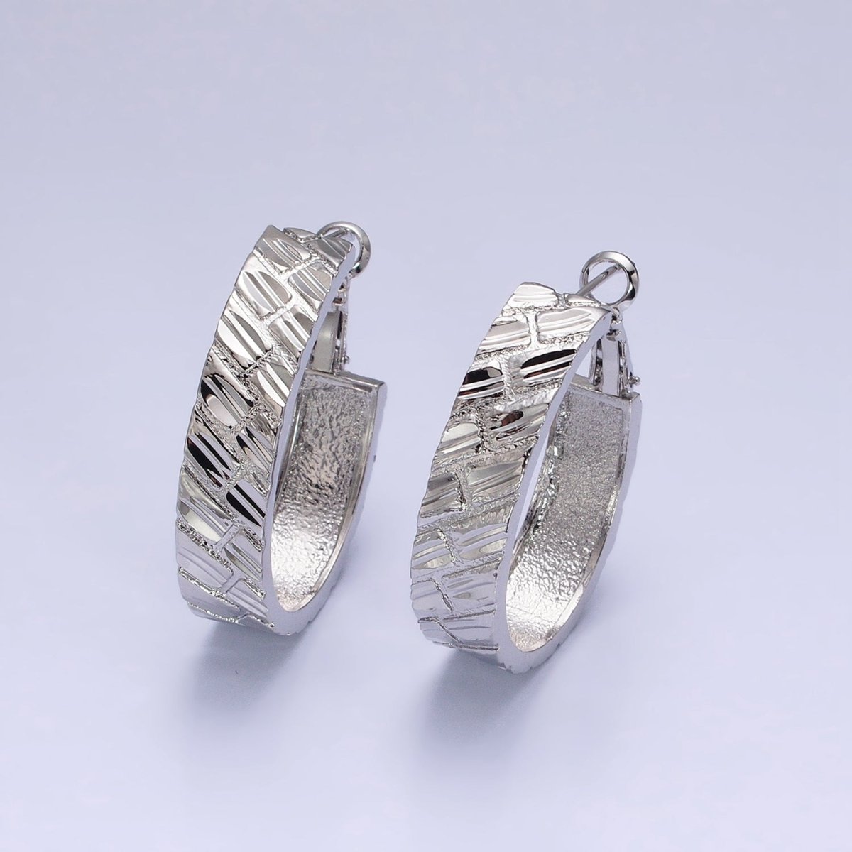 16K Gold Filled 35mm Brick Dented Line Textured Hinge Hoop Earrings in Gold & Silver | AE035 AE036