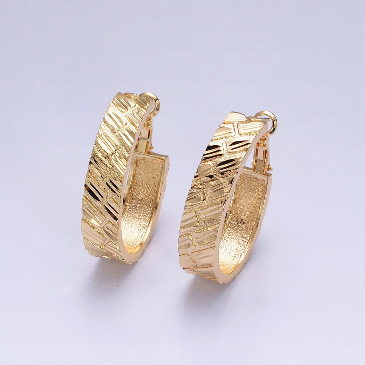 16K Gold Filled 35mm Brick Dented Line Textured Hinge Hoop Earrings in Gold & Silver | AE035 AE036