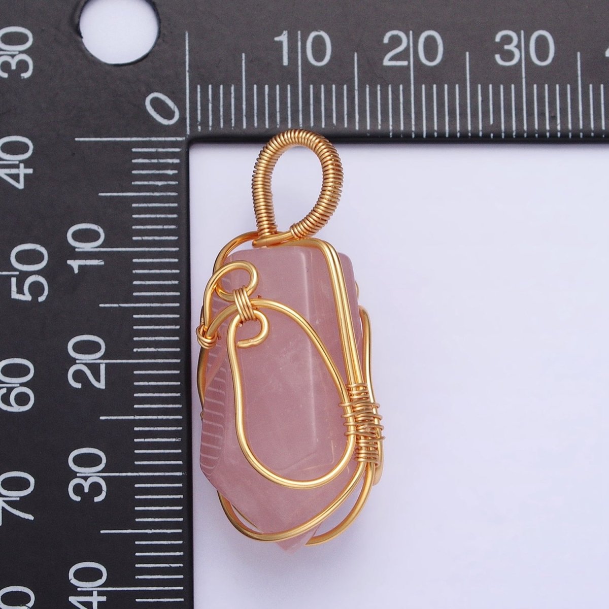 16K Gold Filled 36mm Wired Rose Quartz Natural Gemstone Multifaceted Oblong Pendant | AA223