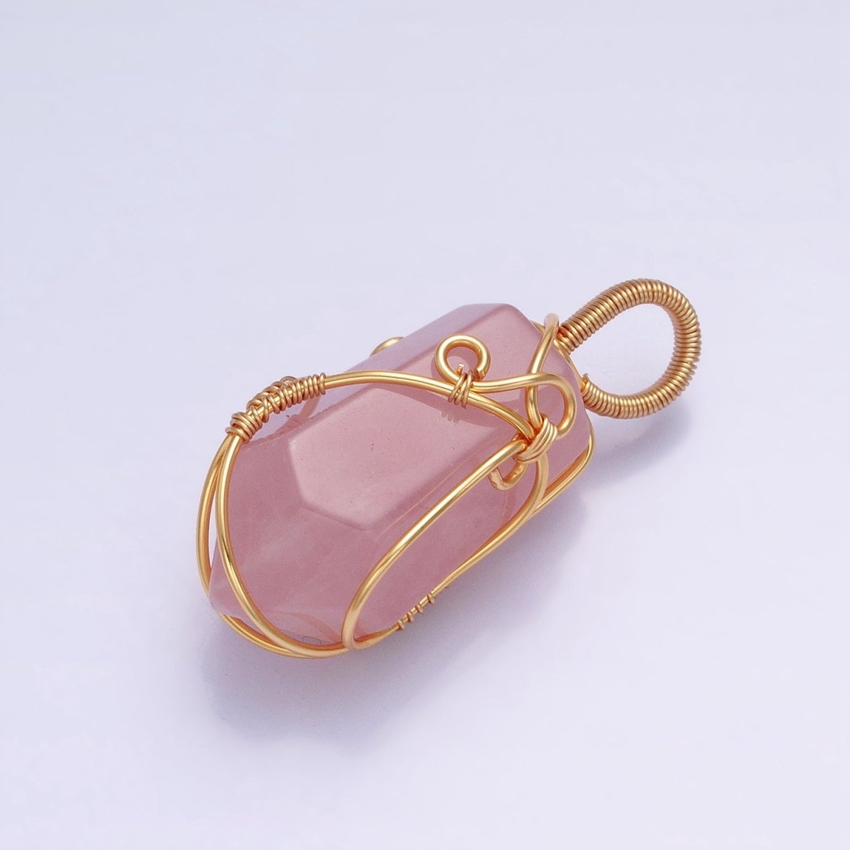 16K Gold Filled 36mm Wired Rose Quartz Natural Gemstone Multifaceted Oblong Pendant | AA223