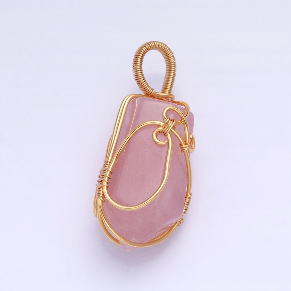 16K Gold Filled 36mm Wired Rose Quartz Natural Gemstone Multifaceted Oblong Pendant | AA223