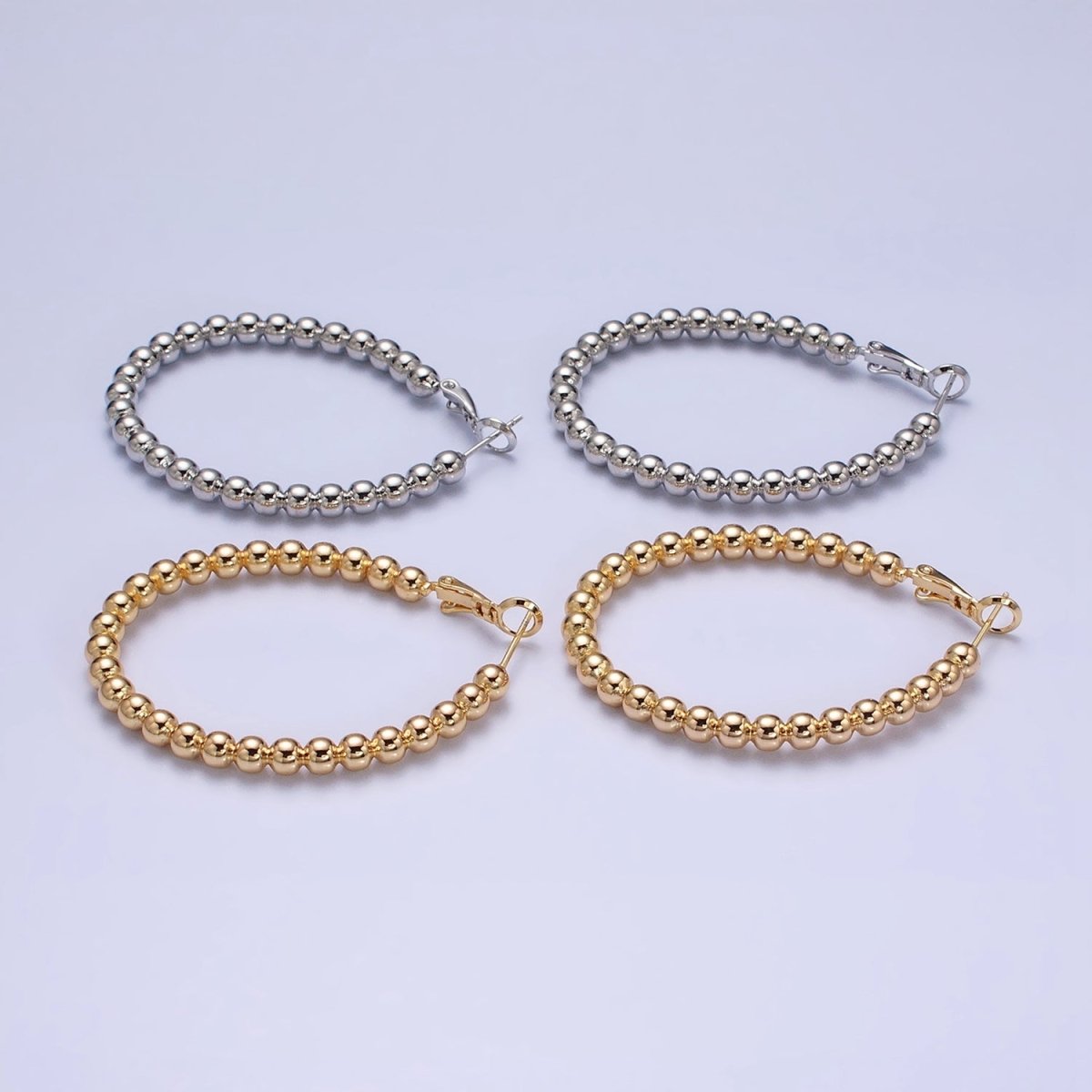 16K Gold Filled 38mm Beaded Bubble Ball Oval Oblong Hinge Hoop Earrings in Gold & Silver | AD992 AD993