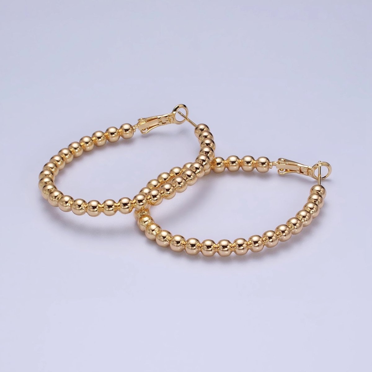 16K Gold Filled 38mm Beaded Bubble Ball Oval Oblong Hinge Hoop Earrings in Gold & Silver | AD992 AD993