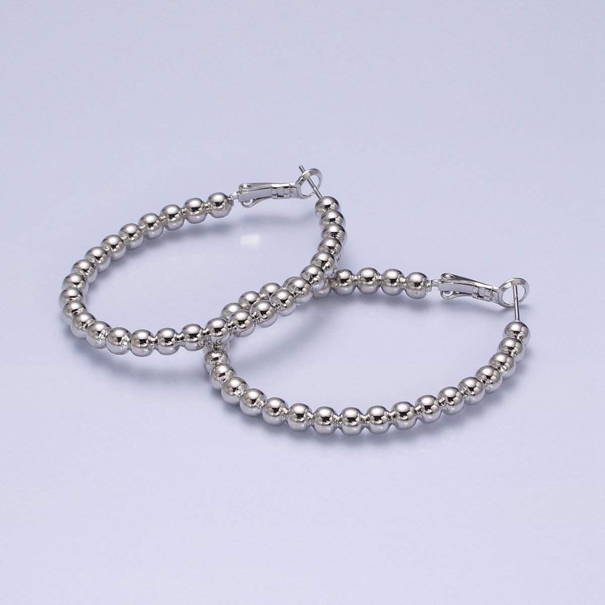 16K Gold Filled 38mm Beaded Bubble Ball Oval Oblong Hinge Hoop Earrings in Gold & Silver | AD992 AD993