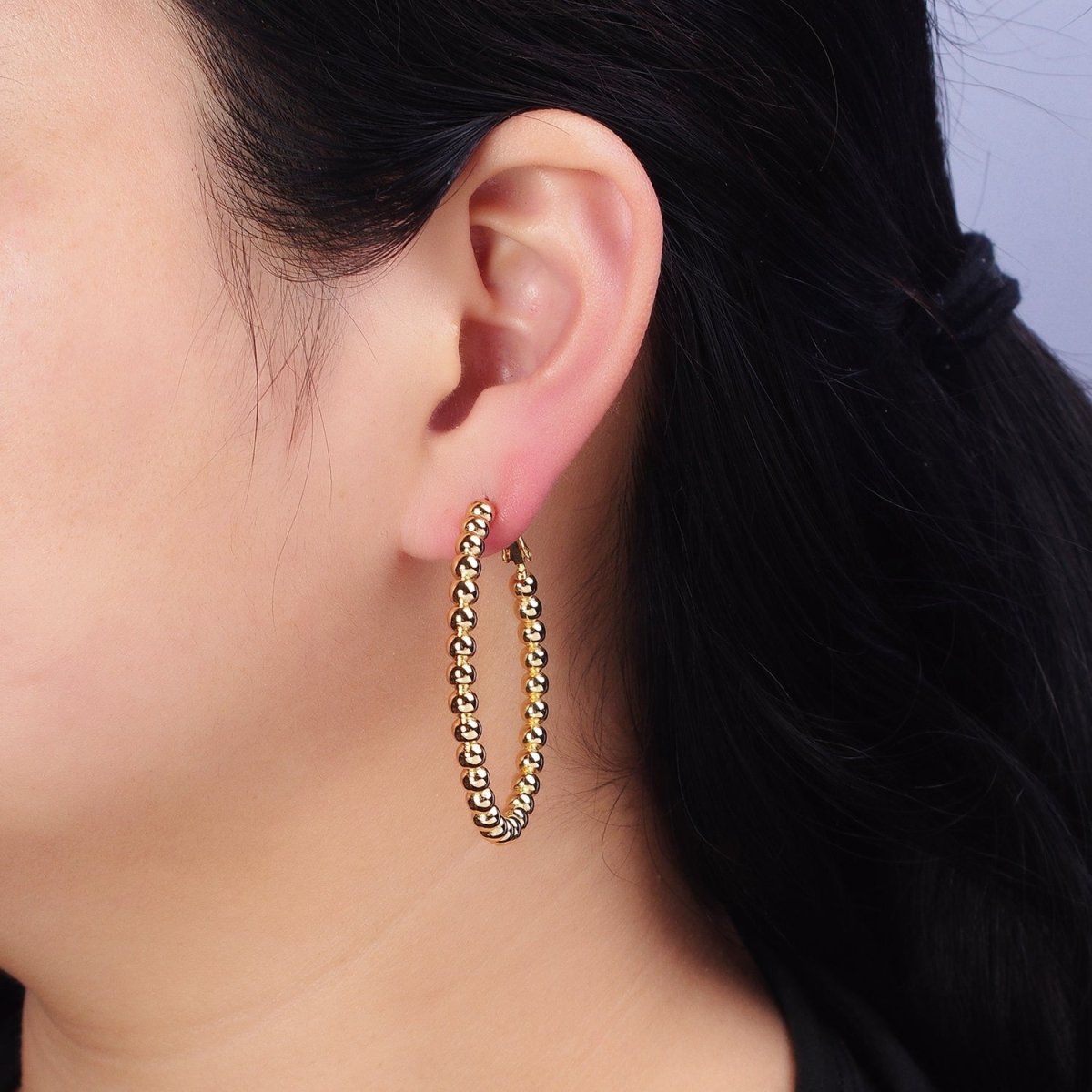 16K Gold Filled 38mm Beaded Bubble Ball Oval Oblong Hinge Hoop Earrings in Gold & Silver | AD992 AD993