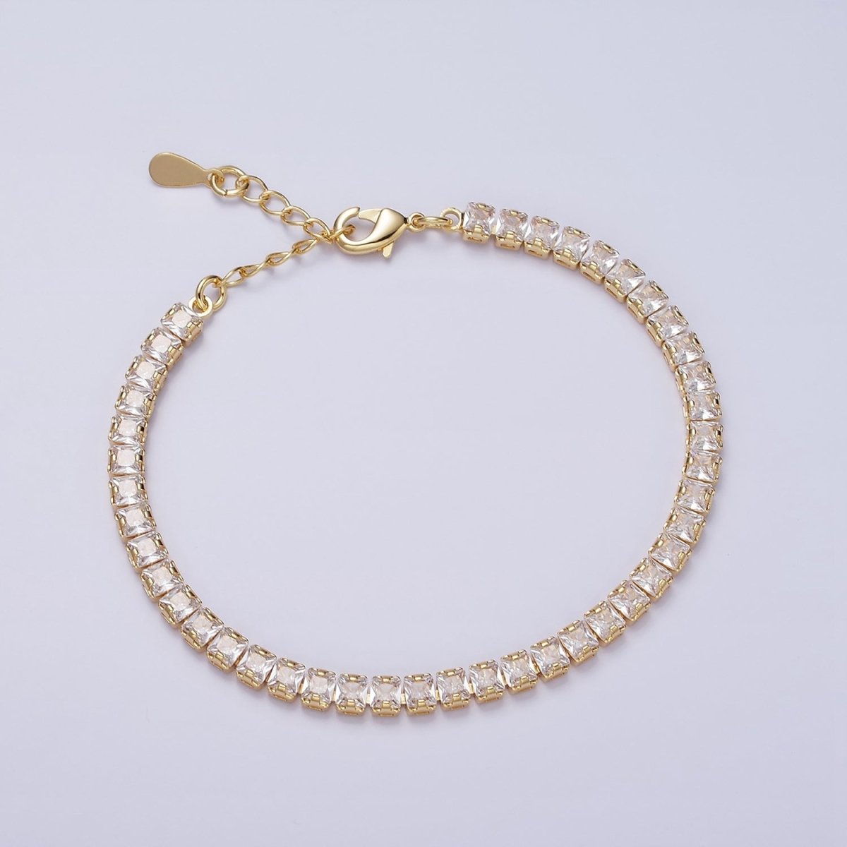 16K Gold Filled 3.8mm Pink, Green, Clear CZ Square Tennis 6.5 Inch Bracelet with Extender in Gold & Silver | WA-1791 - WA-1796