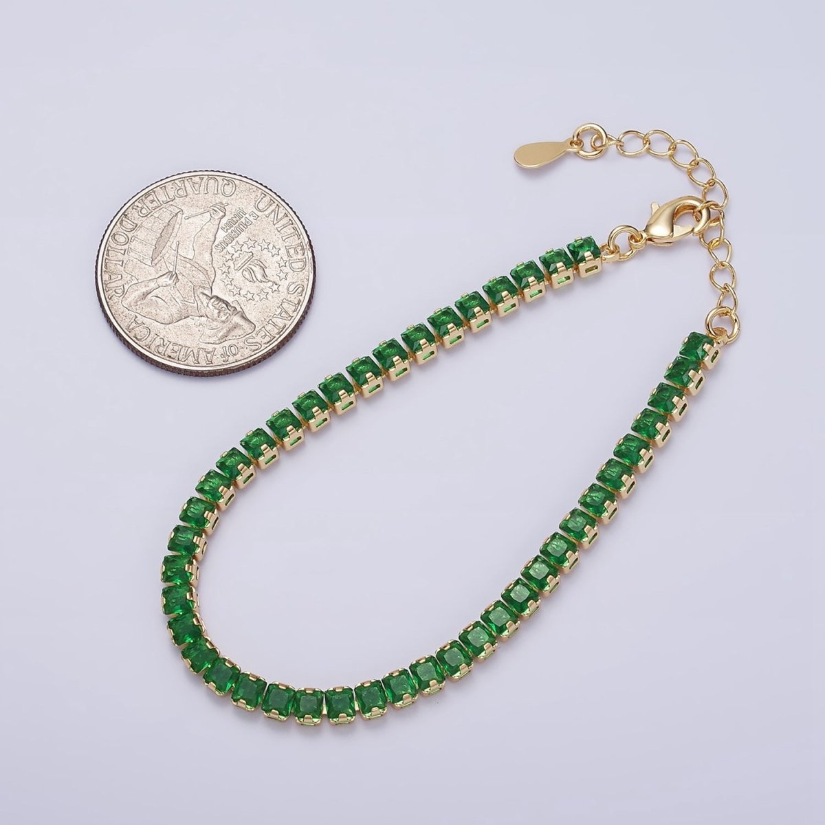 16K Gold Filled 3.8mm Pink, Green, Clear CZ Square Tennis 6.5 Inch Bracelet with Extender in Gold & Silver | WA-1791 - WA-1796