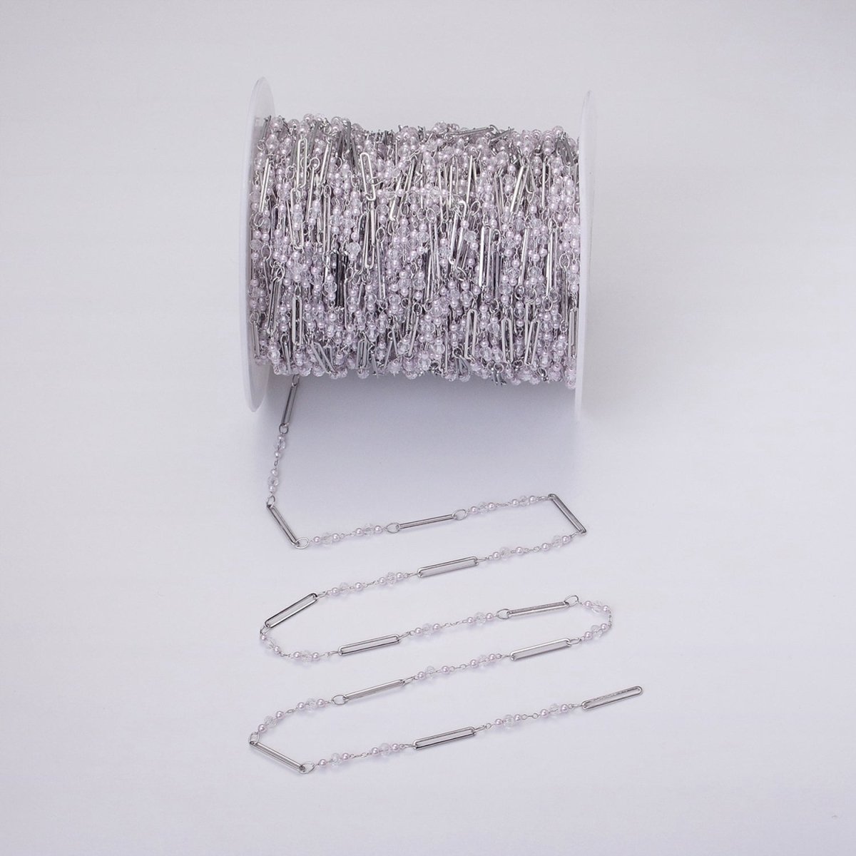 16K Gold Filled 3mm Synthetic Pearl Clear Rondell Paperclip Link Unfinished Chain in Gold & Silver | ROLL-1341 ROLL-1342