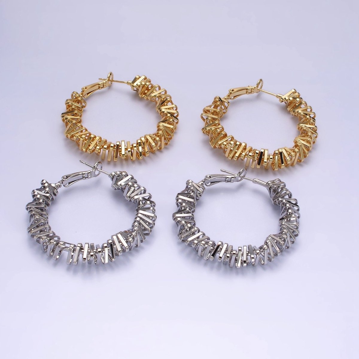 16K Gold Filled 40mm Abstract Multiple Triangle Bar Hinge Hoop Earrings in Gold & Silver | AE094 AE095