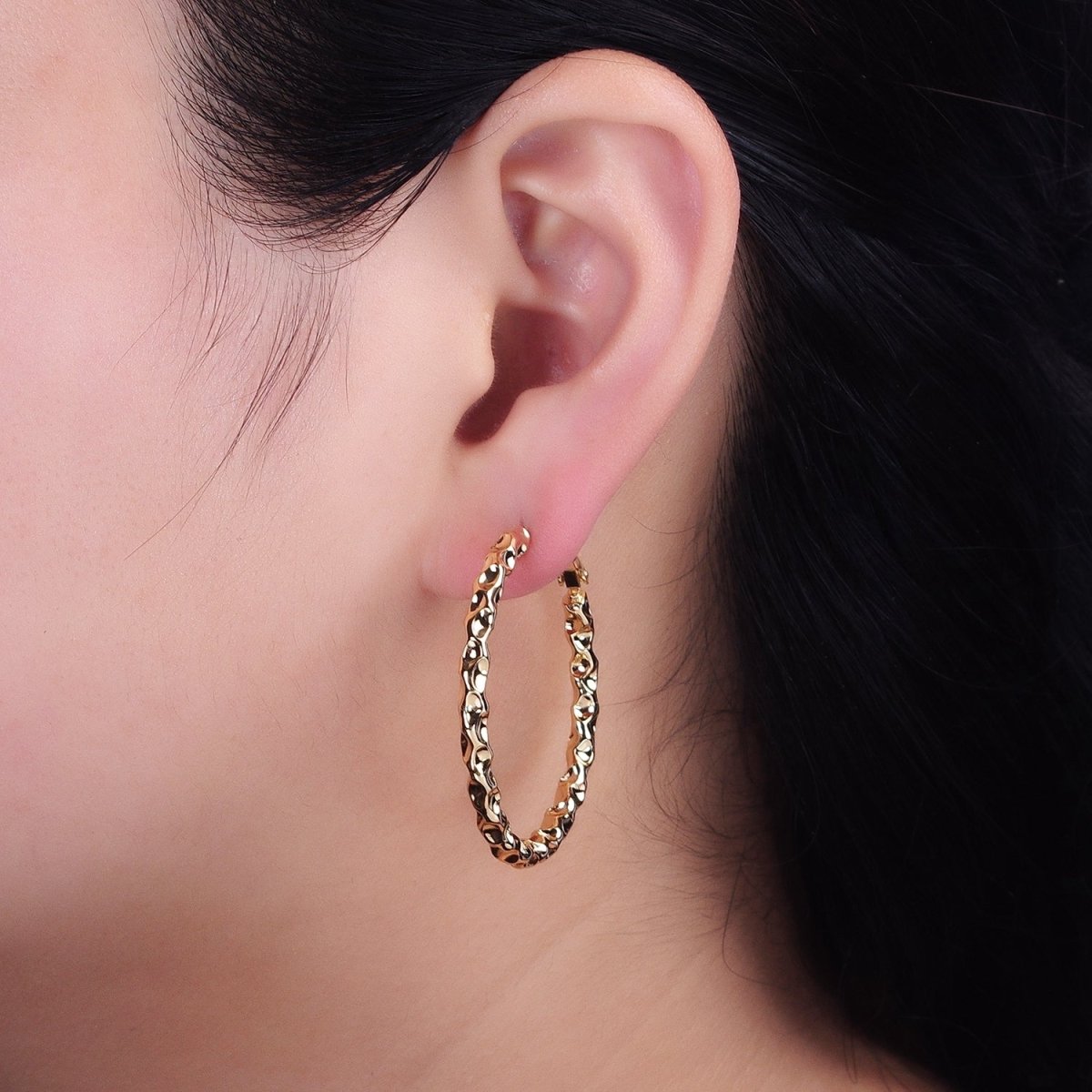 16K Gold Filled 40mm Thin Hammered Hinge Hoop Earrings in Gold & Silver | AB1486 AB1487