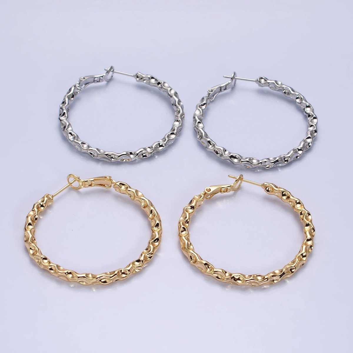 16K Gold Filled 40mm Thin Hammered Hinge Hoop Earrings in Gold & Silver | AB1486 AB1487