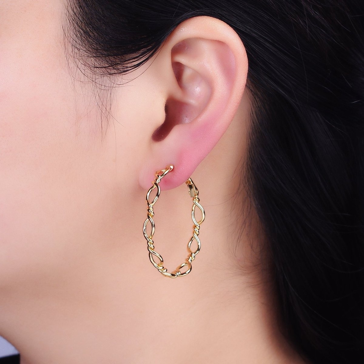 16K Gold Filled 40mm Twisted Band Chain Link Hinge Hoop Earrings in Gold & Silver | AD1072 AD1073