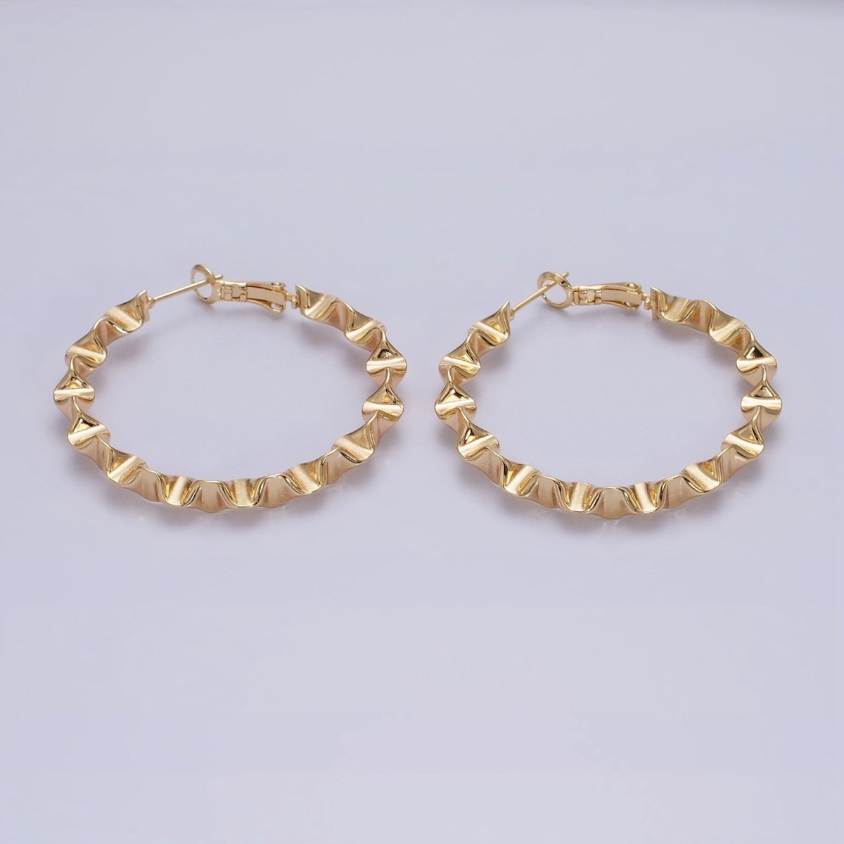 16K Gold Filled 43.5mm Geometric Wavy Foil Hinge Hoop Earrings in Gold & Silver | AB1437 AB1438