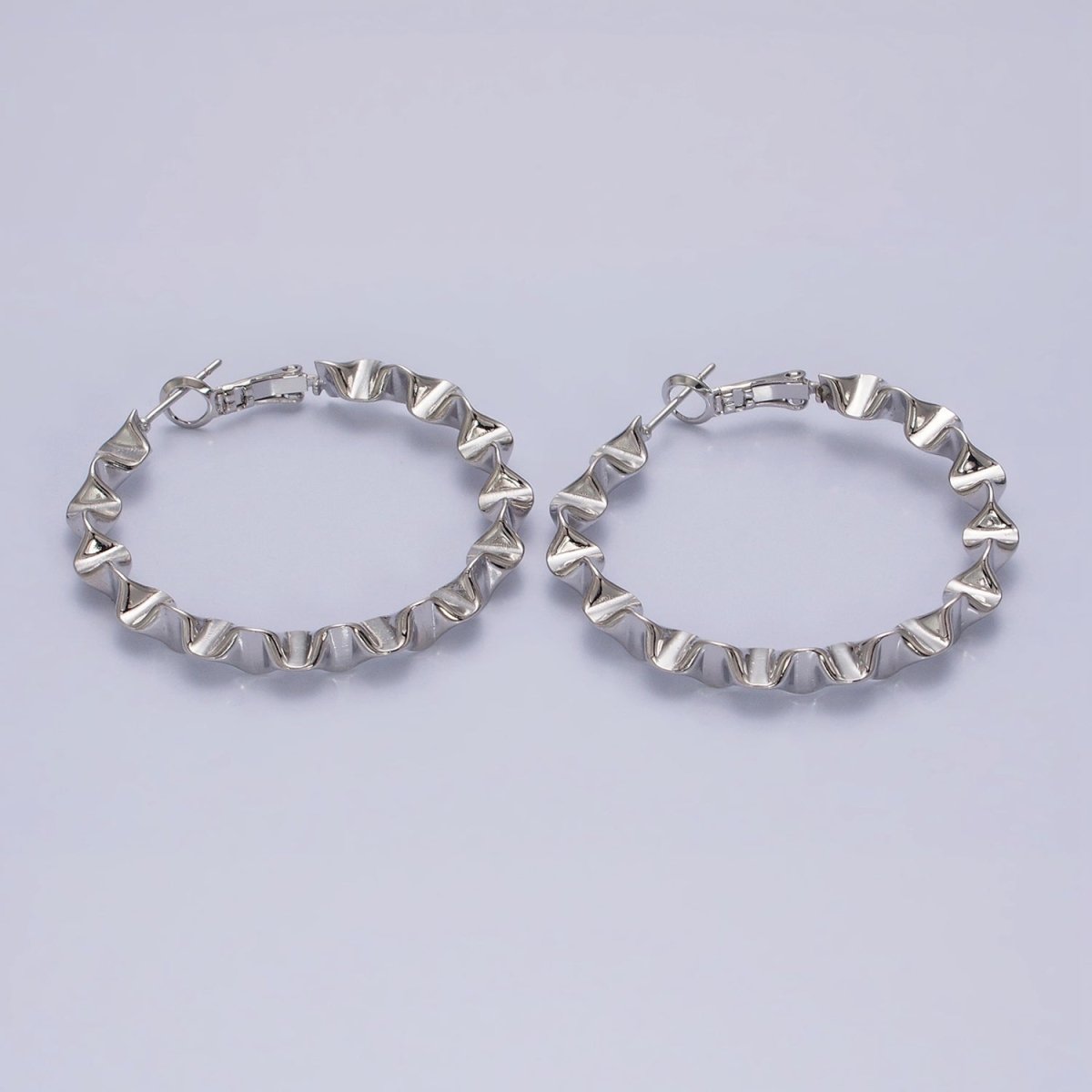 16K Gold Filled 43.5mm Geometric Wavy Foil Hinge Hoop Earrings in Gold & Silver | AB1437 AB1438