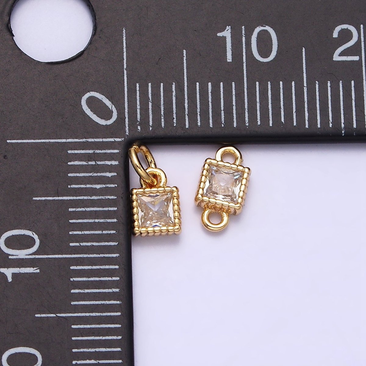 16K Gold Filled 4mm Clear Square CZ Dotted Bezel Connector in Gold & Silver | Y-916