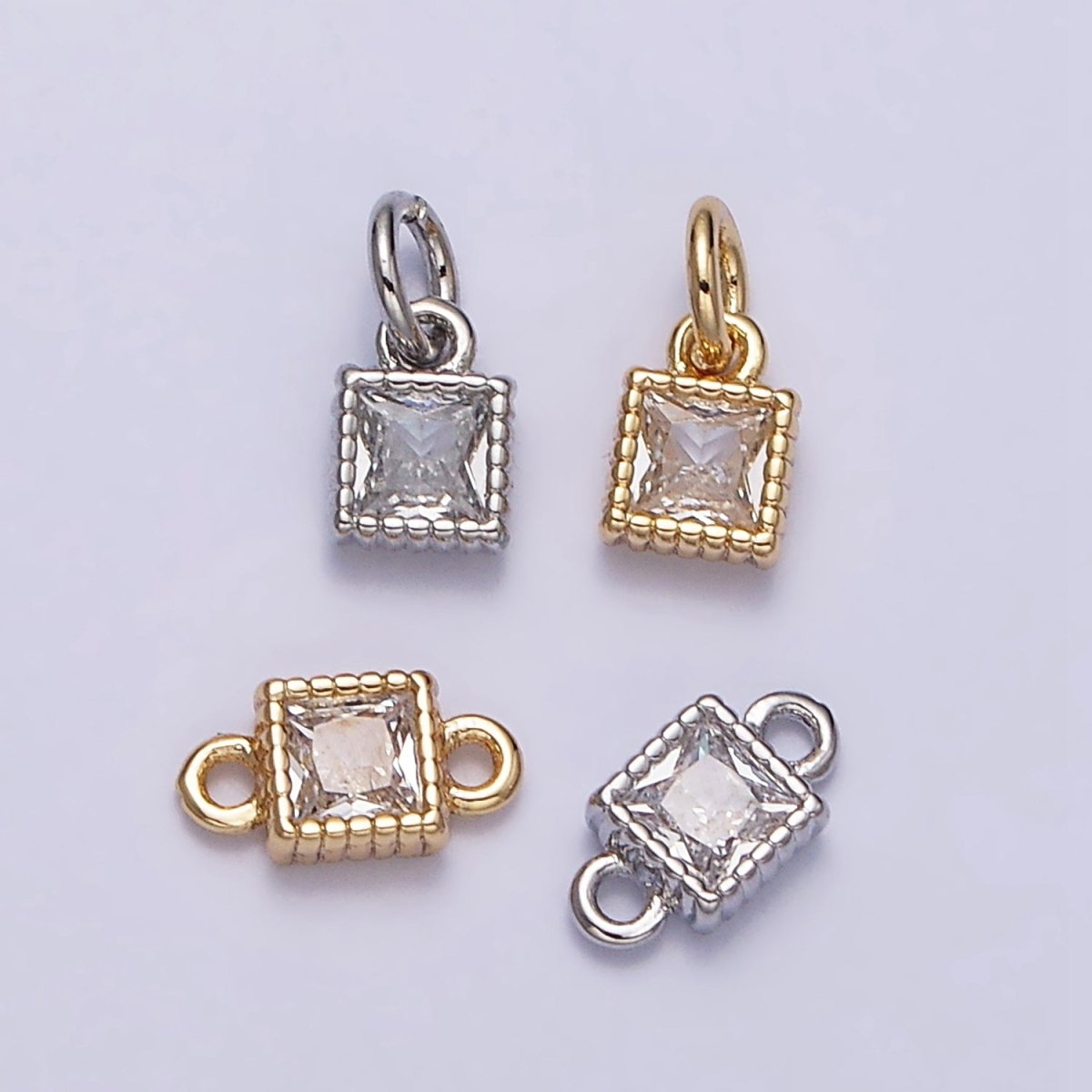 16K Gold Filled 4mm Clear Square CZ Dotted Bezel Connector in Gold & Silver | Y-916