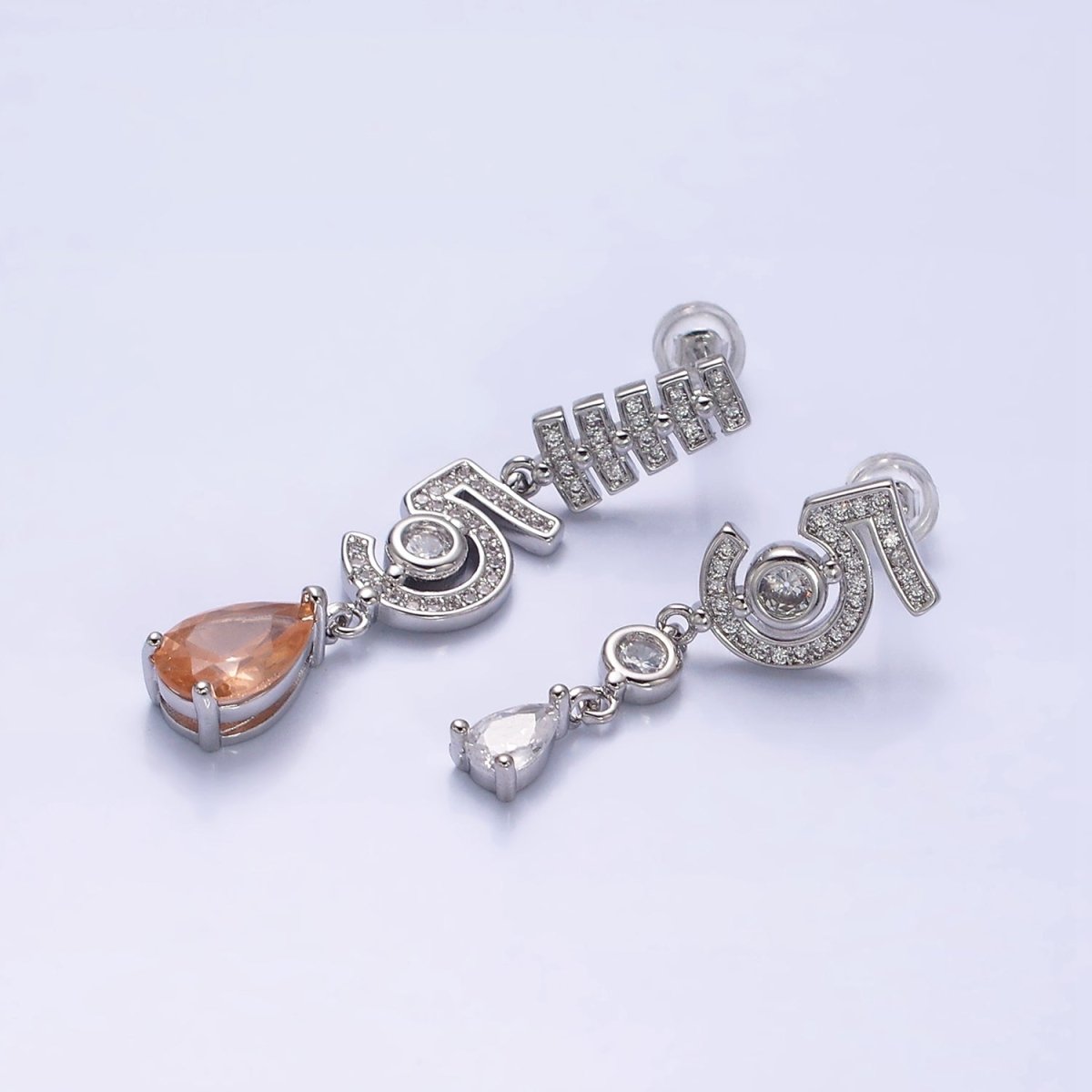 16K Gold Filled "5" Number Micro Paved CZ Peach & Clear Teardrop Stud Earrings in Gold & Silver | AD1064 AD1065