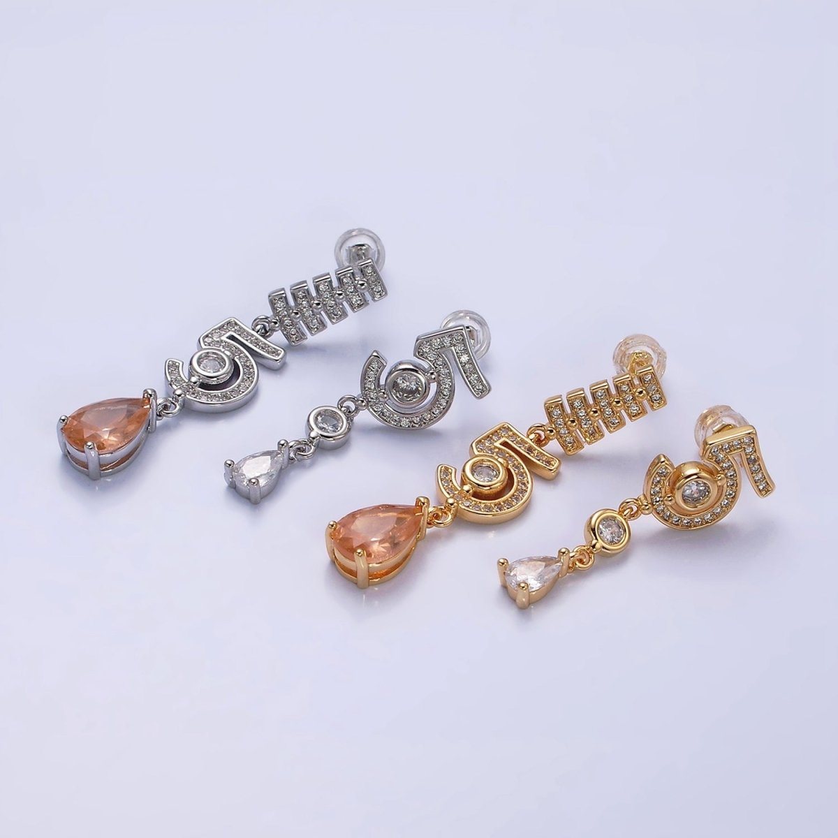 16K Gold Filled "5" Number Micro Paved CZ Peach & Clear Teardrop Stud Earrings in Gold & Silver | AD1064 AD1065