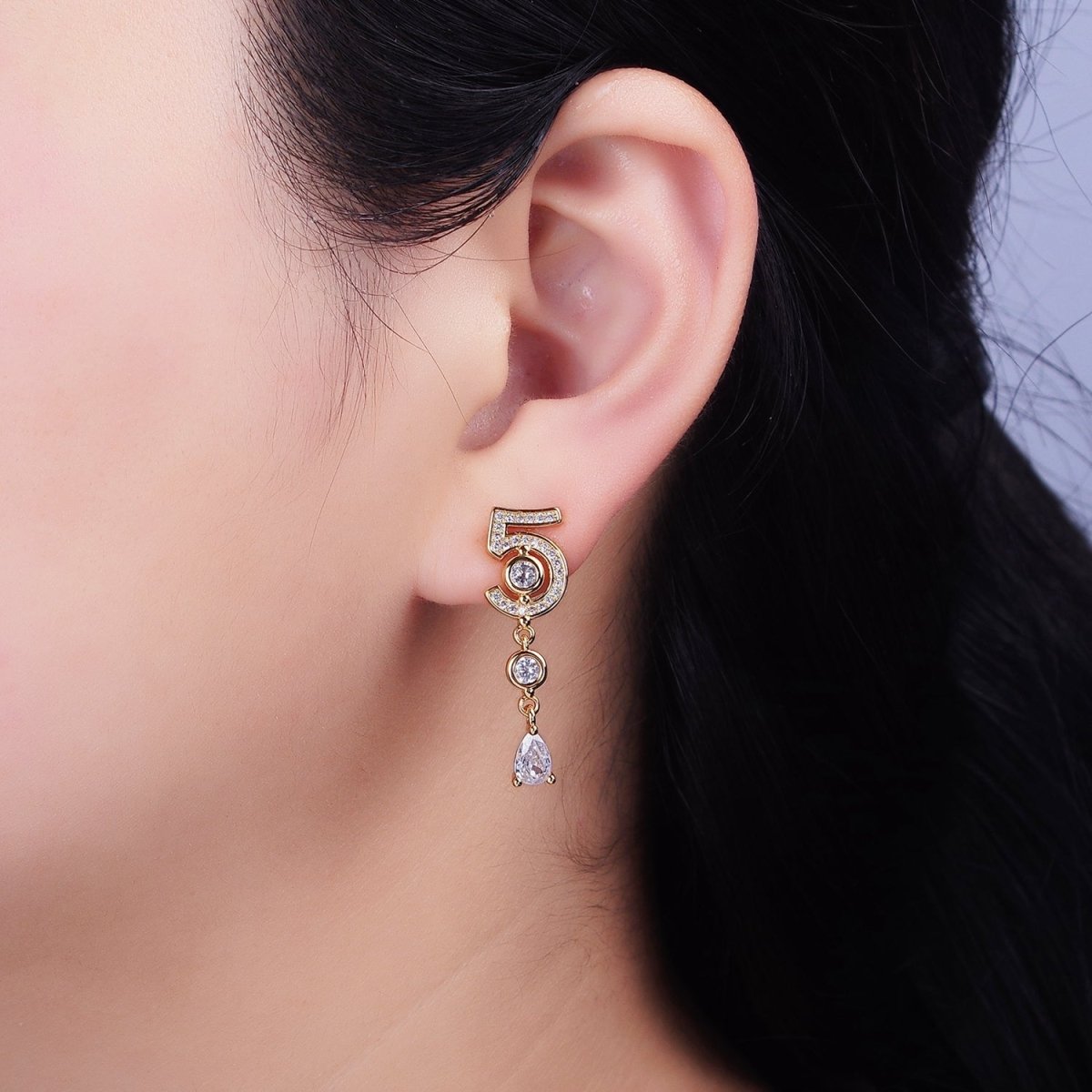 16K Gold Filled "5" Number Micro Paved CZ Peach & Clear Teardrop Stud Earrings in Gold & Silver | AD1064 AD1065