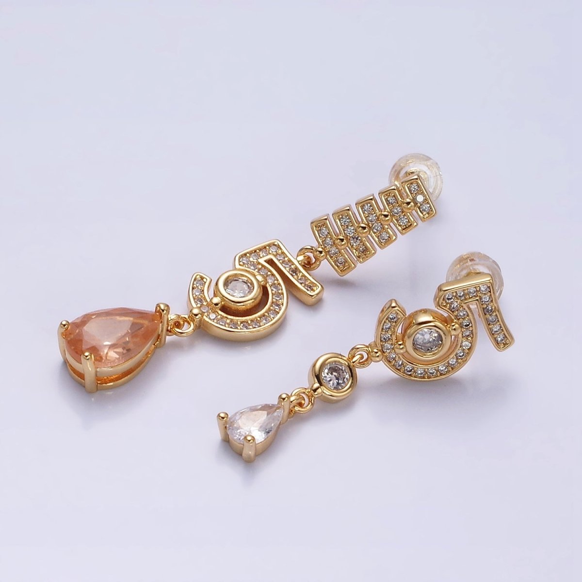 16K Gold Filled "5" Number Micro Paved CZ Peach & Clear Teardrop Stud Earrings in Gold & Silver | AD1064 AD1065