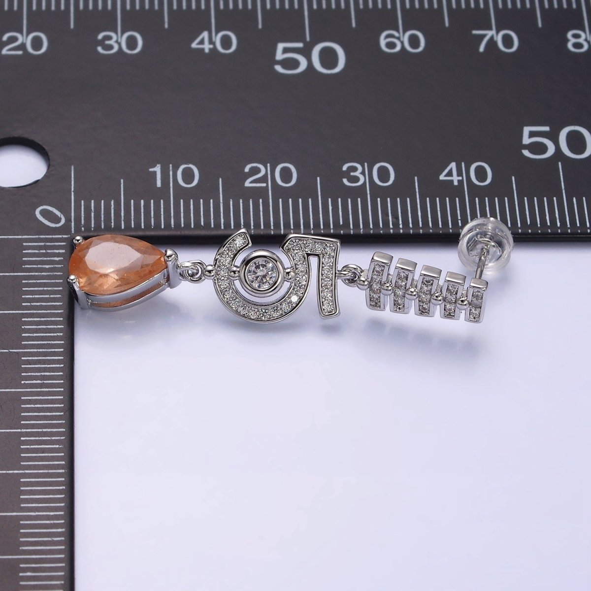 16K Gold Filled "5" Number Micro Paved CZ Peach & Clear Teardrop Stud Earrings in Gold & Silver | AD1064 AD1065
