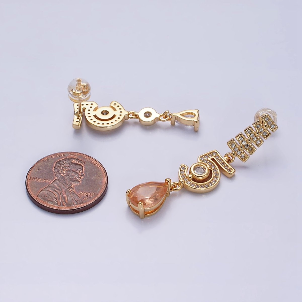 16K Gold Filled "5" Number Micro Paved CZ Peach & Clear Teardrop Stud Earrings in Gold & Silver | AD1064 AD1065